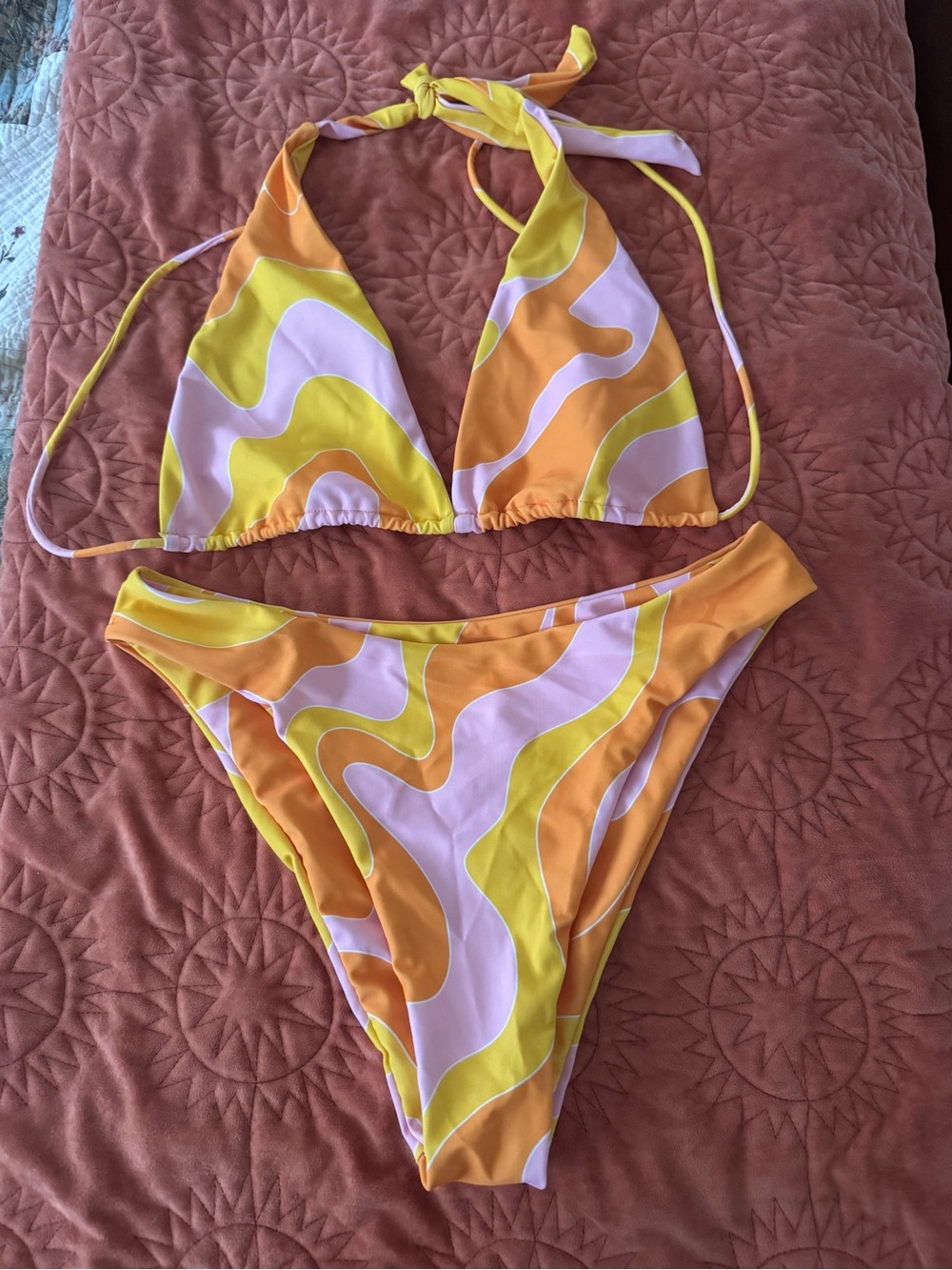 Yellow Pink Orange Wave-Print Triangle Bikini Top & Bottom Set